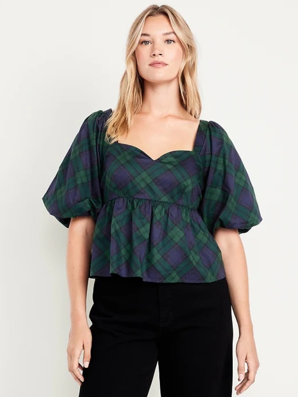 Old Navy Blue Green Plaid Puff Sleeve Peplum Top Blouse Size 3X